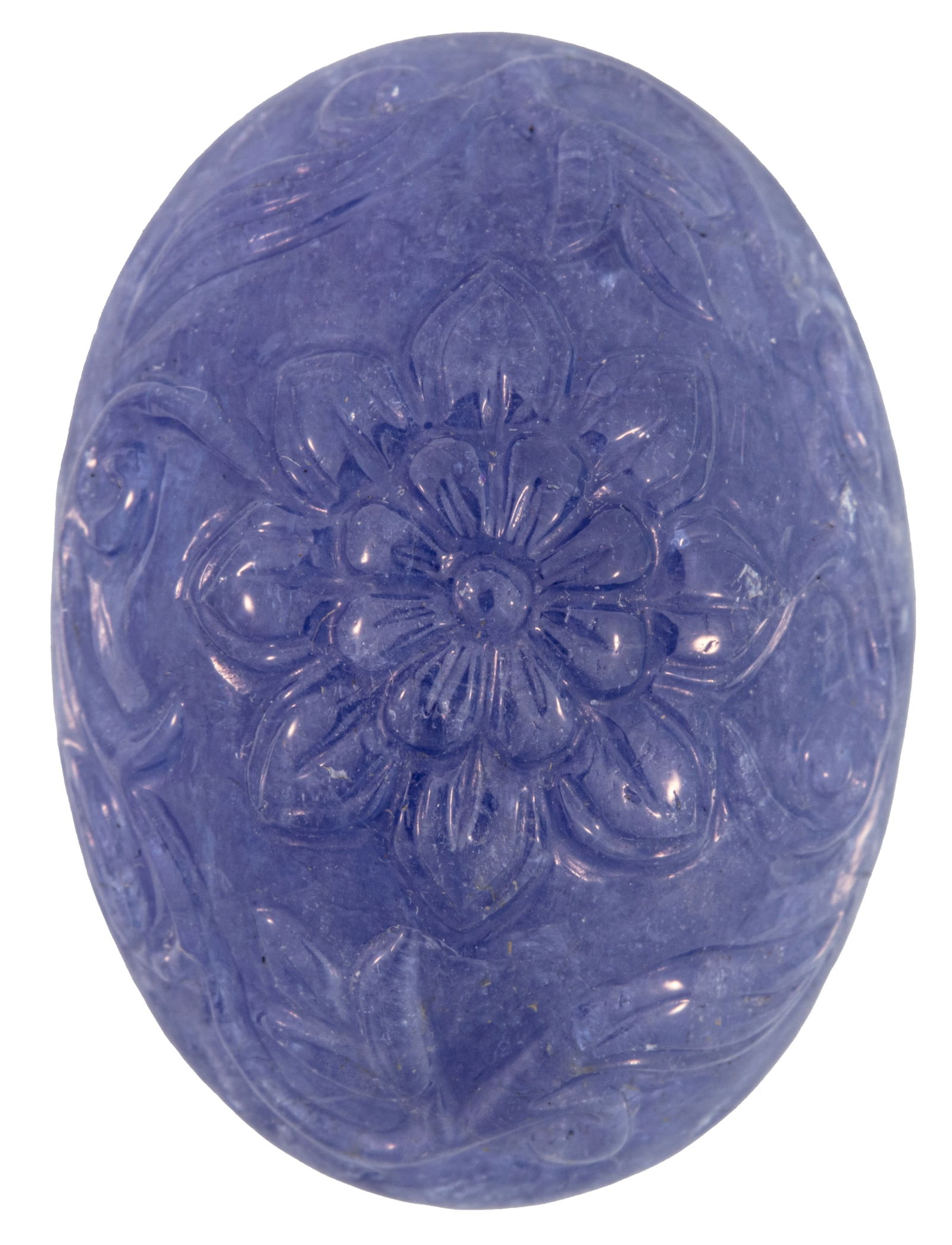 72.13 carat Carved Oval Double Cabochon Tanzanite: 72.13 carat Carved Oval Double Cabochon Tanzanite30.30 x 22.10 x 13.65 mm; GIA report.