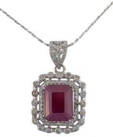 Sterling Silver, Ruby and Diamond Pendant on Chain