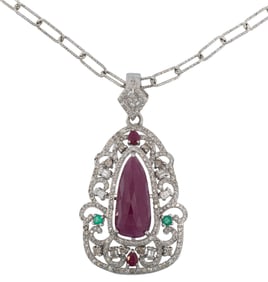 Sterling Silver, Ruby, Emerald and Diamond Pendant on Chain