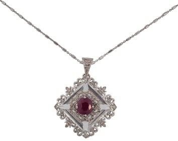 Sterling Silver, Ruby, Quartz and Diamond Pendant on Chain