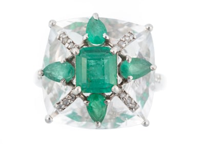 Sterling Silver, Emerald and Diamond Ring