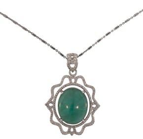 Sterling Silver, Cabochon Emerald and Diamond Pendant on Chain