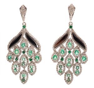 Sterling Silver, Emerald, Diamond and Enamel Dangle Earrings