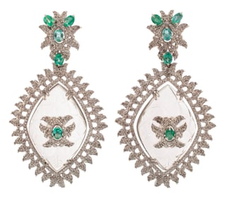 Pair of Sterling Silver, Quartz, Emerald and Diamond Dangle Earrings