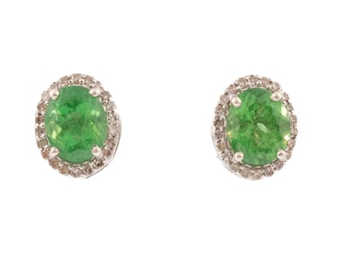 Pair of Sterling Silver, Tsavorite Garnet and Diamond Stud Earrings