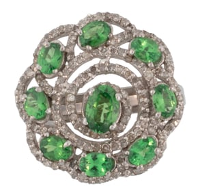 Sterling Silver, Tsavorite Garnet and Diamond Floral Swirl Ring