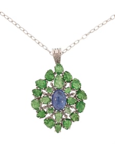 Sterling Silver, Tanzanite, Tsavorite Garnet and Diamond Pendant on Chain