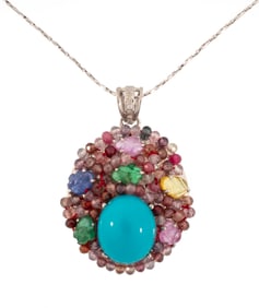 Sterling Silver, Turquoise, Sapphire, Ruby, Emerald and Diamond Pendant on Chain
