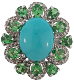 Sterling Silver, Turquoise, Tsavorite Garnet and Diamond Ring