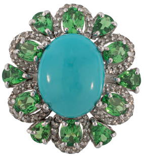 Sterling Silver, Turquoise, Tsavorite Garnet and Diamond Ring: Sterling Silver, Turquoise, Tsavorite Garnet and Diamond Ringcenter oval cabochon turquoise with 12 pear faceted cut garnets, total wt. approx. 7.00 cts.; accented by 0.35 ct. of round single cut diam