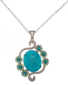 Sterling Silver, Turquoise, Tsavorite Garnet and Diamond Pendant on Chain