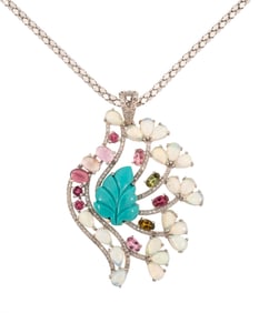 Sterling Silver, Turquoise, Opal, Tourmaline and Diamond Pendant on Chain