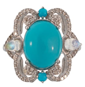 Sterling Silver, Turquoise, Quartz and Diamond Ring