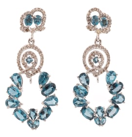Pair of Sterling Silver, Blue Topaz and Diamond Dangle Earrings