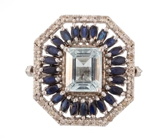 Sterling Silver, Aquamarine, Sapphire and Diamond Ring