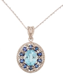 Sterling Silver, Aquamarine, Kyanite and Diamond Pendant on Chain