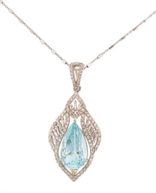 Sterling Silver, Aquamarine and Diamond Pendant on Chain
