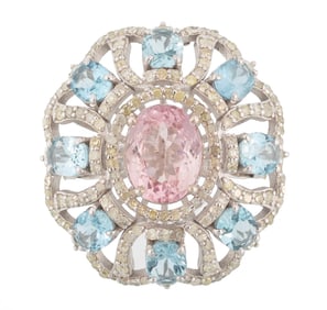 Sterling Silver, Morganite, Aquamarine and Diamond Ring