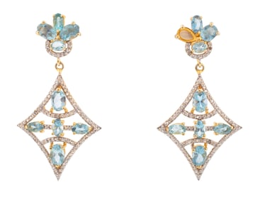 Pair of Gold Vermeil, Aquamarine and Diamond Dangle Earrings