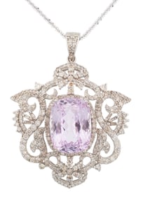 Sterling Silver, Kunzite and Diamond Pendant on Chain
