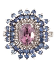 Sterling Silver, Pink Tourmaline, Blue Sapphire and Diamond Ring
