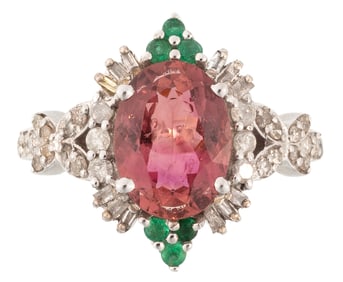 Sterling Silver, Rubellite, Emerald and DIamond Ring