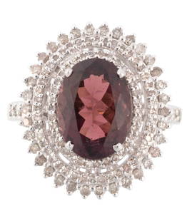 Sterling Silver, Rubellite Tourmaline and Diamond Ring: Sterling Silver, Rubellite Tourmaline and Diamond Ringcenter oval faceted rubellite, wt. approx. 3.05 cts.; size 7; GGA card.