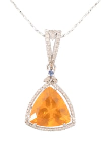 Sterling Silver, Fire Opal, Blue Sapphire and Diamond Pendant on Chain