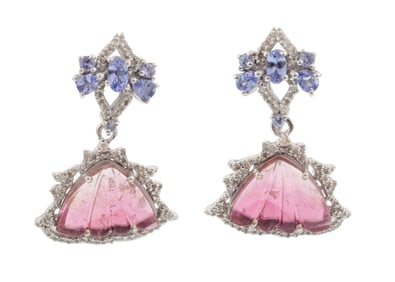 Sterling Silver, Pink Tourmaline, Tanzanite and Diamond Dangle Earring