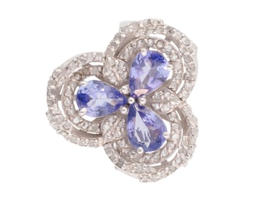 Sterling Silver, Tanzanite and Diamond Three Stone Ring