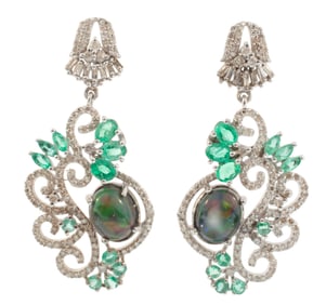 Pair of Sterling Silver, Black Opal, Emerald and Diamond Dangle Earrings