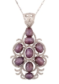 Sterling Silver, Star Ruby and Diamond Pendant on Chain
