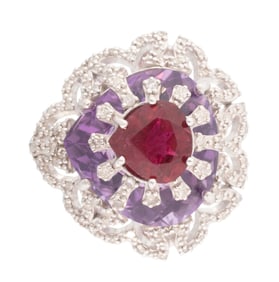 Sterling Silver, Amethyst, Rubellite Tourmaline and Diamond Ring