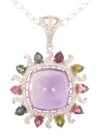 Sterling Silver, Amethyst, Tourmaline and Diamond Pendant on Chain
