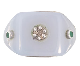 Sterling Silver, White Onyx, Emerald and Diamond Ring