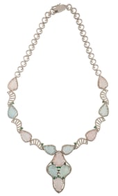 Sterling Silver, Tourmaline, Emerald and Diamond Necklace and Dangle Earrings
