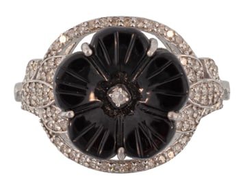 Sterling Silver, Onyx and Diamond Ring