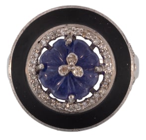 Sterling Silver, Tanzanite, Oynx and Diamond Ring