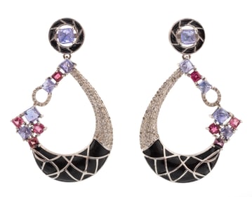 Pair of Sterling Silver, Tanzanite, Tourmaline and Diamond Dangle Earrings