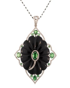 Sterling Silver, Onyx, Tsavorite Garnet and Diamond Pendant on Chain