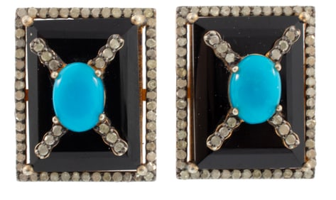 Pair of Gold Vermeil, Turquoise, Onyx and Diamond Earrings