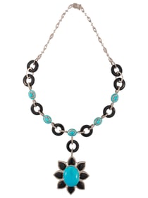 Sterling Silver, Turquoise, Oynx and Diamond Necklace