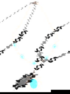 Sterling Silver, Turquoise, Oynx and Diamond Necklace: Sterling Silver, Turquoise, Oynx and Diamond Necklacemounted with 5 oval cabochon turquoise, total wt. approx. 29.00 cts.; linked by oynx and 2.83 cts. of round single cut diamonds; l. 15 1/2 in.; GGA