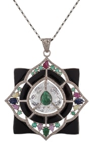 Sterling Silver, Onyx, Sapphire, Ruby and Emerald Pendant on Chain