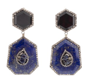 Pair of Sterling Silver, Lapis Lazuli, Onyx, Blue Sapphire and Diamond Dangle Earrings