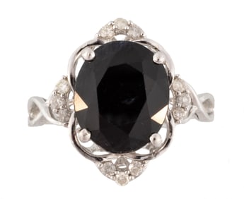Sterling Silver, Blue Sapphire and Diamond Ring