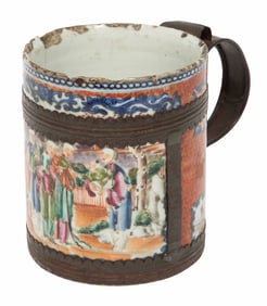 Metal-Mounted Chinese Mandarin Palette Porcelain Brushpot / Tankard