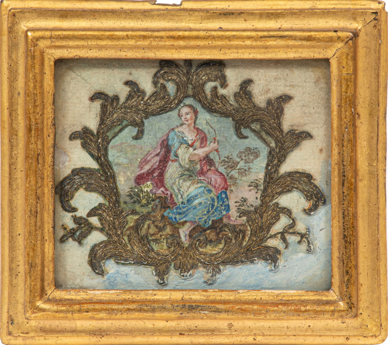 Continental School late 19th/early 20th c., "Diana Goddess of the Hunt", watercolor, oil and thread (1 of 1)