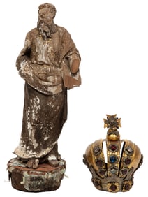 Antique Continental Carved Santos Figure and Gilt Metal Crown