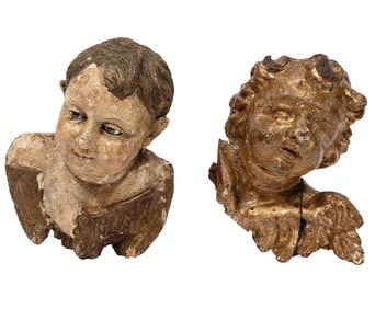 Two Antique Continental Carved Putto Busts